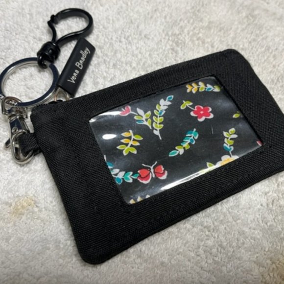 Very Bradley Black Canvas Floral Zip ID Wallet Change Purse w/Clasps - Picture 7 of 10